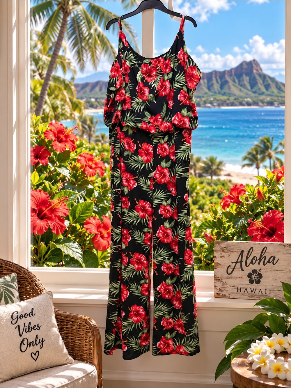 Magic Black Jumpsuit with Red Floral Print